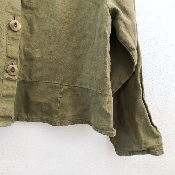 FLAX Green Olive Long Sleeve Linen Buttoned Blouse Size XL - Picture 6 of 9